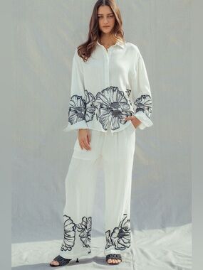 #304 White Two-Piece Floral Lounge Set with Black Floral Print